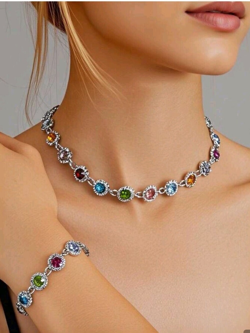 Elegant Multicolor Rhinestone Necklace and Bracelet Set